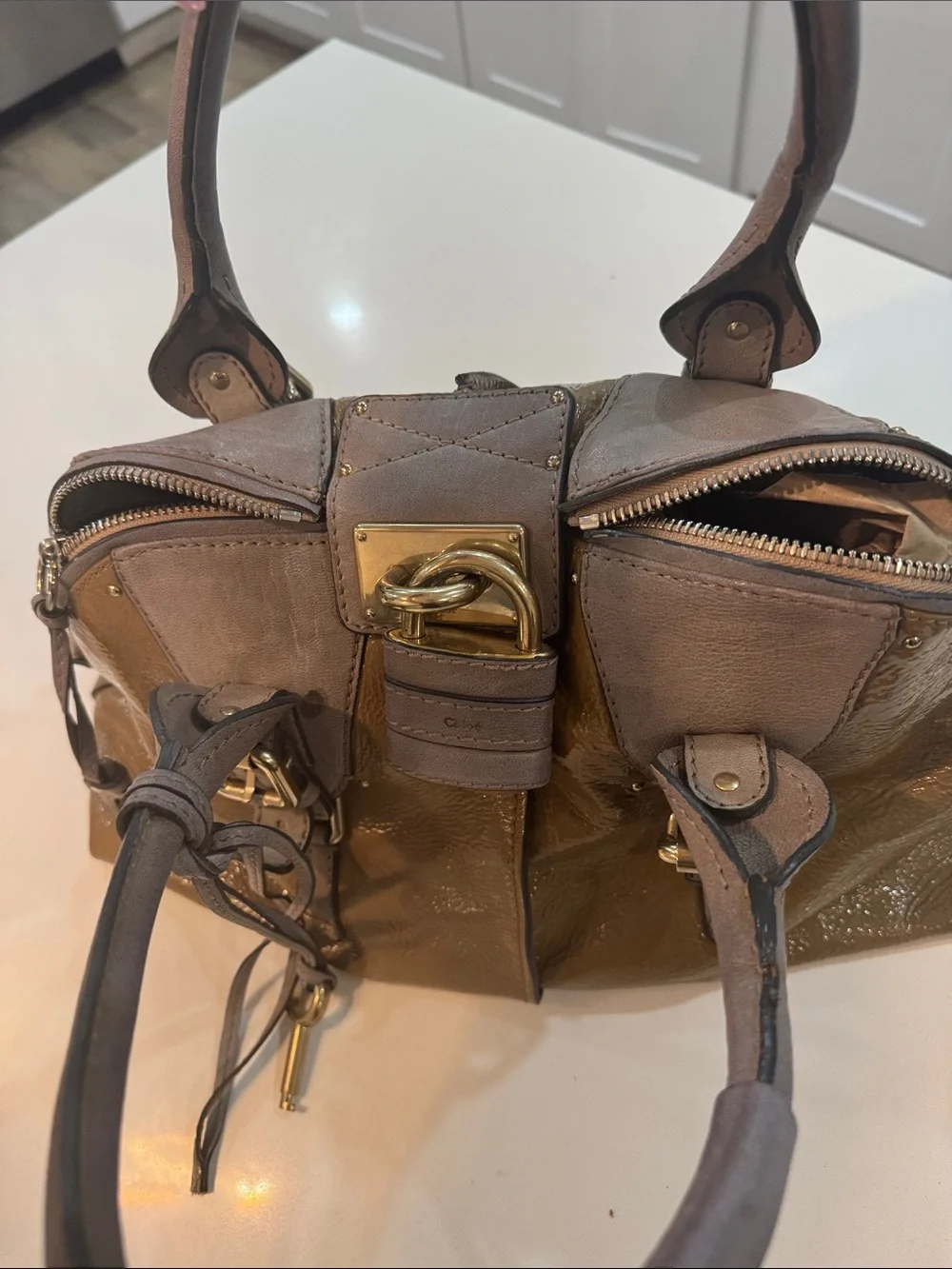 Chloe Olive and Taupe Patent Leather Satchel